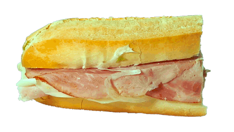 A rotating image of a ham and cheese sandwich.