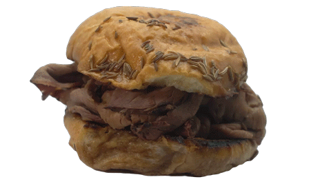 A rotating image of a beef sandwich.
